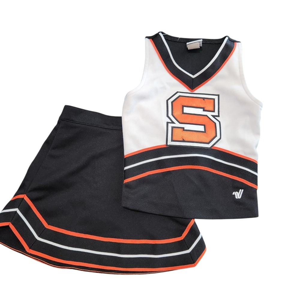 Varsity Girls Cheer Uniform Set Top Skirt XS+1 Black Orange White S initial